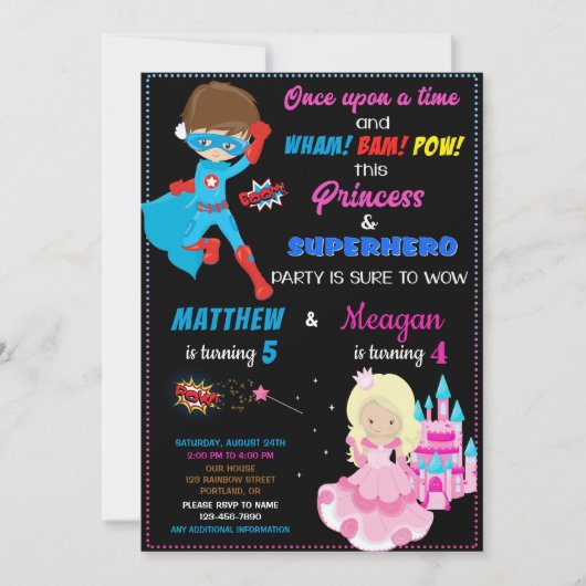 Invitation d'anniversaire Princesse et Superhéros (Devant)