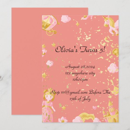 invitation d'anniversaire princesse rose (Devant / Derrière)