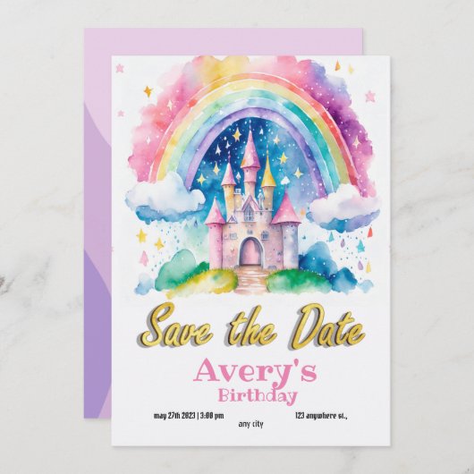 Invitation d'anniversaire princesse rose violet Li (Devant / Derrière)