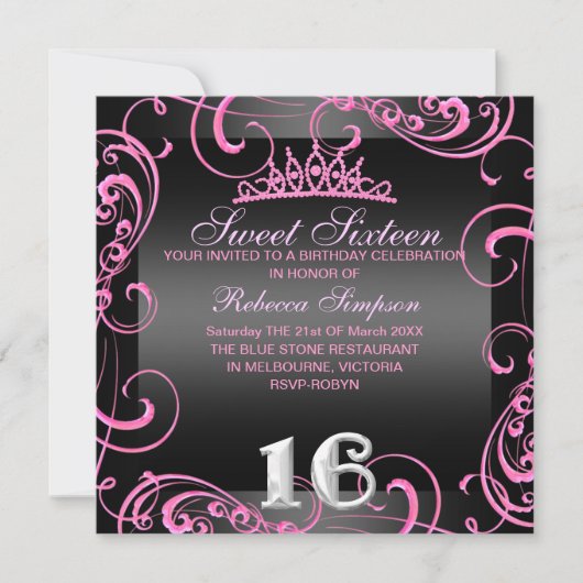 Invitation d'anniversaire Princesse Sweet 16 rose (Devant)