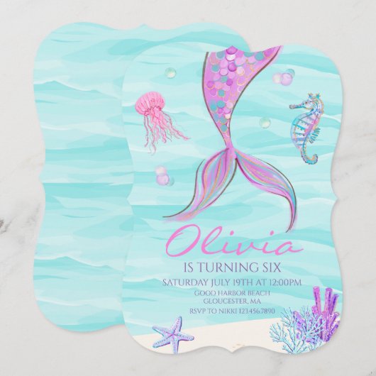 Invitation d'anniversaire Queue de Sirène Sous la  (Devant / Derrière)