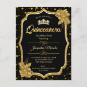 Invitation d'anniversaire Quinceañera noire, or et (Devant)