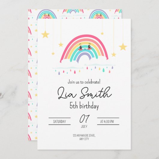 Invitation d'anniversaire Rainbow pour les filles  (Devant / Derrière)