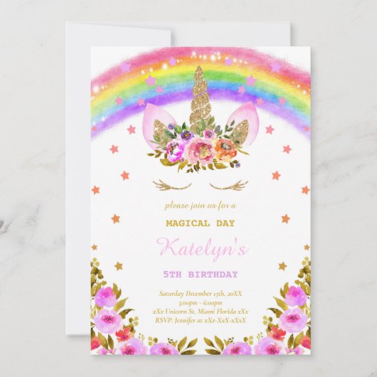 Invitation d'anniversaire Rainbow Unicorn (Devant)
