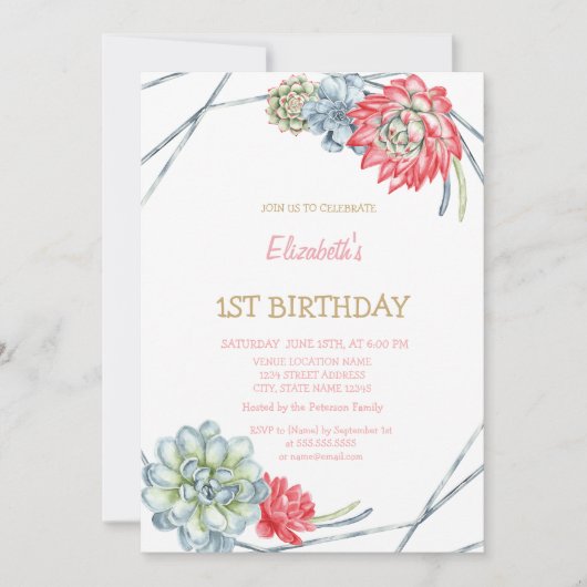 Invitation d'anniversaire rayée Succulentes rouges (Devant)