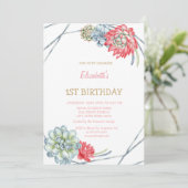 Invitation d'anniversaire rayée Succulentes rouges (Debout devant)