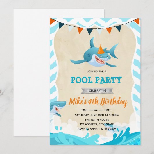 Invitation d'anniversaire requin (Devant / Derrière)
