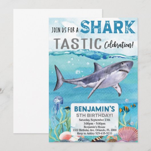 Invitation d'anniversaire requin (Devant / Derrière)