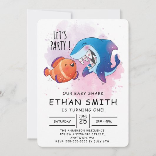 Invitation d'anniversaire requin aquarelle mignonn (Devant)