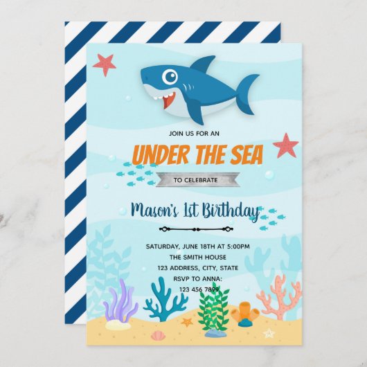 Invitation d'anniversaire requin sous la mer (Devant / Derrière)
