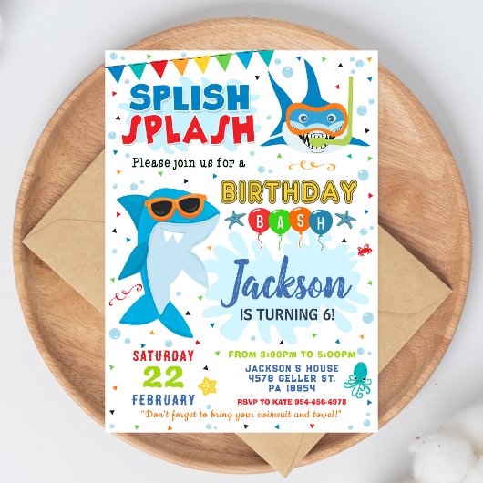 Invitation d'anniversaire Requin Splash Splash Fêt