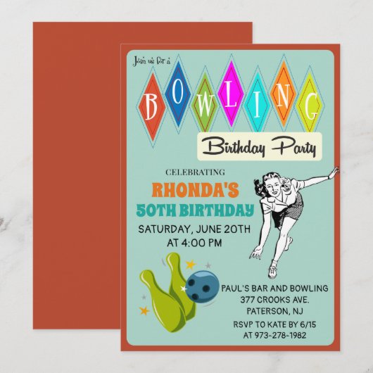 Invitation d'anniversaire Rétro Bowling - Tous âge (Devant / Derrière)