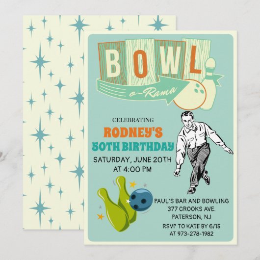 Invitation d'anniversaire Rétro Bowling - Tous âge (Devant / Derrière)