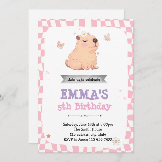Invitation d'anniversaire Retro Capybara (Devant / Derrière)