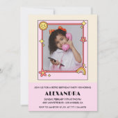 Invitation d'anniversaire rétro groovy fleurs rose (Devant)
