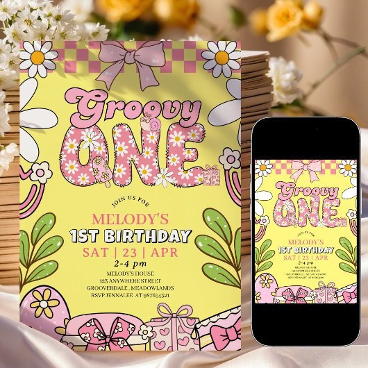 Invitation d'anniversaire rétro rose et jaune pour