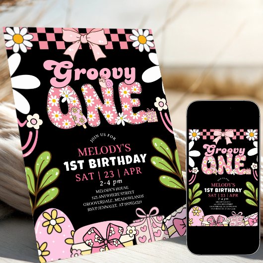 Invitation d'anniversaire rétro rose et noir pour 