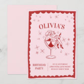 Invitation d'anniversaire rétro rose moderne et fé (Devant / Derrière)