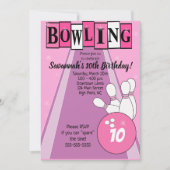 Invitation d'anniversaire rétro rose pour bowling (Devant)
