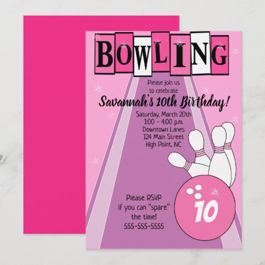 Invitation d'anniversaire rétro rose pour bowling (Devant / Derrière)