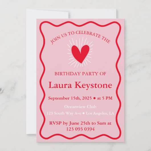 Invitation d'anniversaire Retro Rose & Red Wavy (Devant)