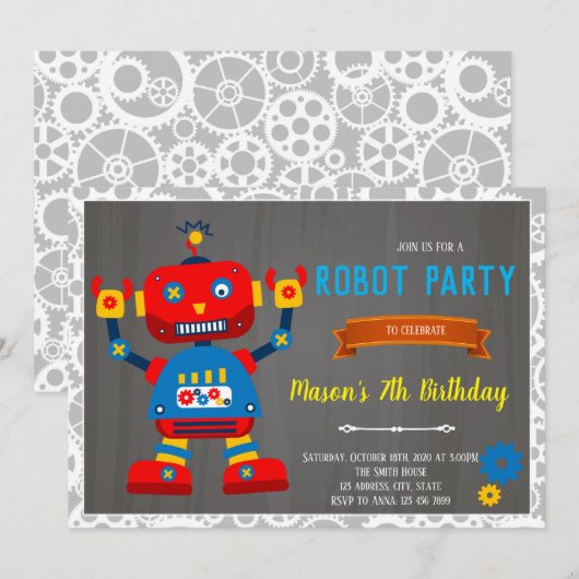 Invitation d'anniversaire robot (Devant / Derrière)