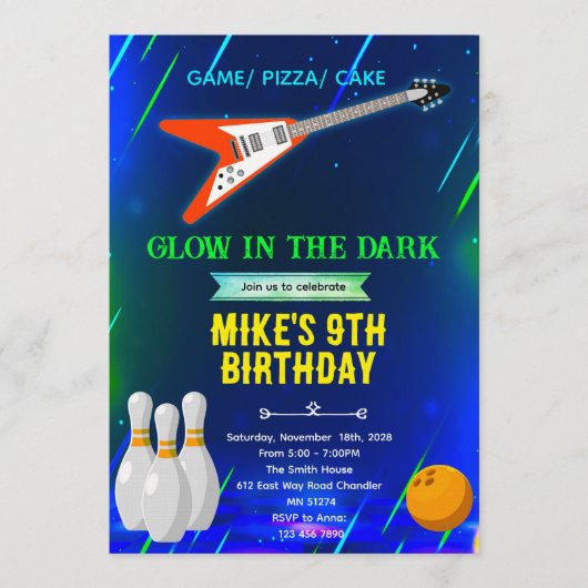 Invitation d'anniversaire Rock and Bowling (Devant)