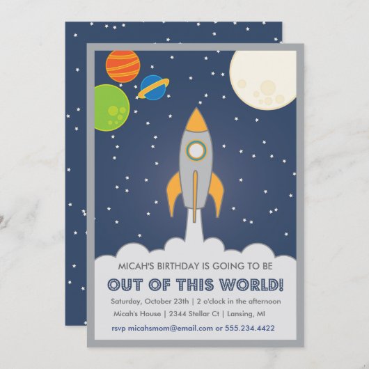 invitation d'anniversaire Rocket Ship Space (Devant / Derrière)