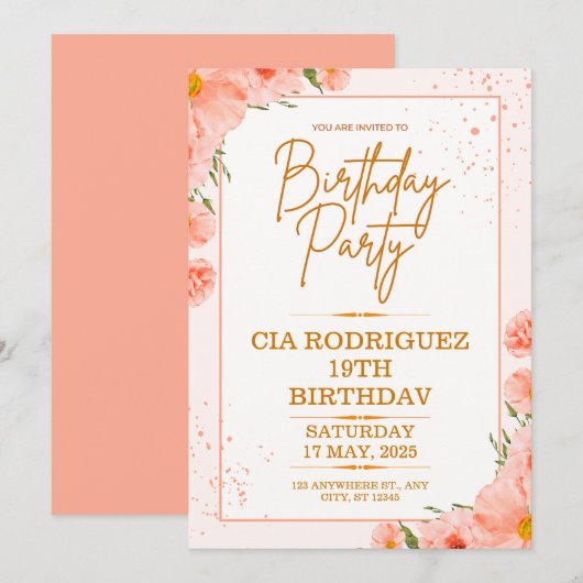 Invitation d'anniversaire rose  (Devant / Derrière)