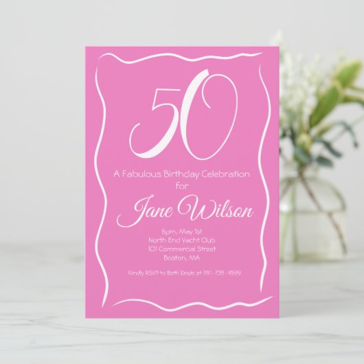 Invitation d'anniversaire rose 50 ans et fabuleuse (Debout devant)