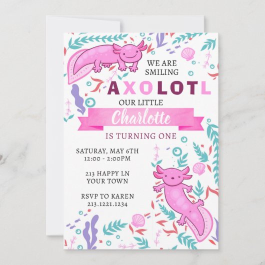Invitation d'anniversaire rose Axolotl (Devant)