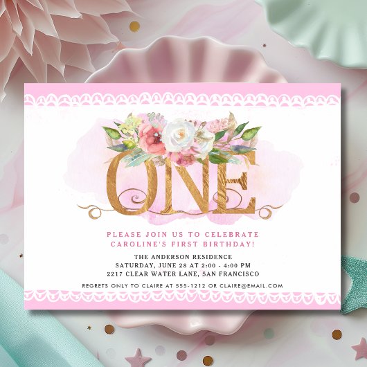 Invitation d'anniversaire rose blanc floral