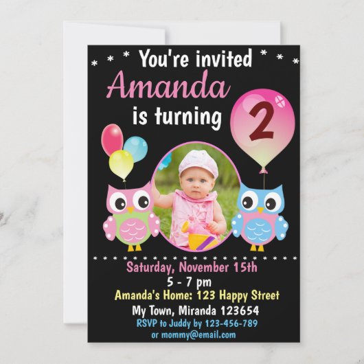 Invitation d'anniversaire Rose Blue Owl (Devant)