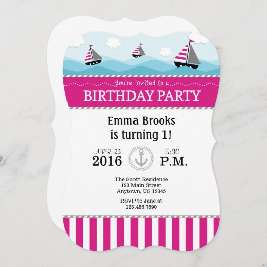 Invitation d'anniversaire rose chaud (Devant / Derrière)