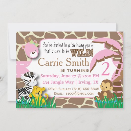 Invitation d'anniversaire rose de la Jungle (Devant)