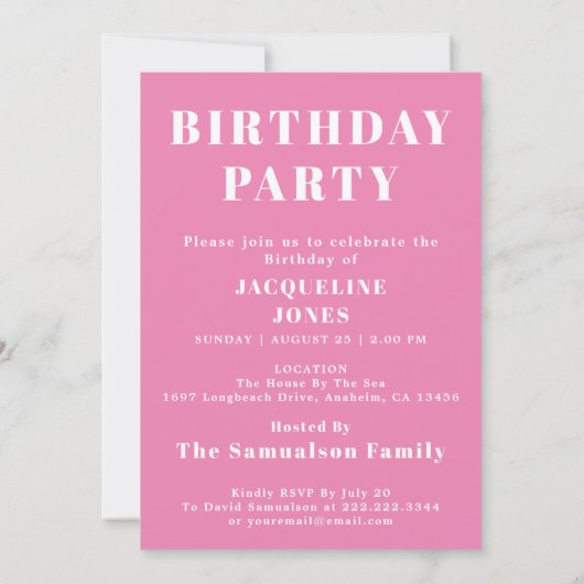 Invitation d'anniversaire rose et blanc  (Dos)