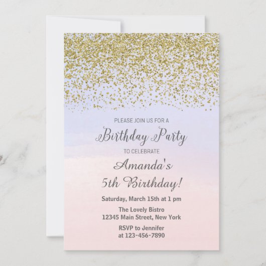 Invitation d'anniversaire rose et bleu et or (Devant)