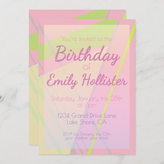 Invitation d'anniversaire rose et citron vert (Devant / Derrière)