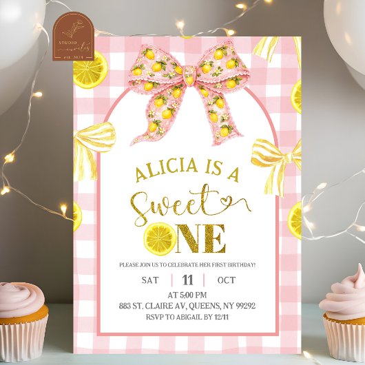 Invitation d'anniversaire rose et jaune Bow Sweet 