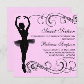 Invitation d'anniversaire rose et noir Ballerina & (Devant / Derrière)