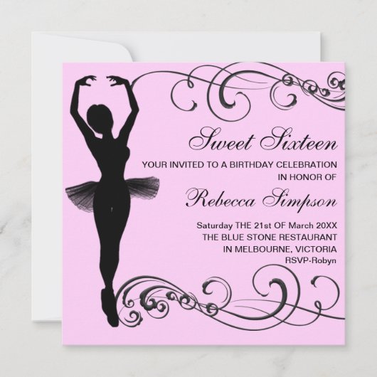 Invitation d'anniversaire rose et noir Ballerina & (Devant)