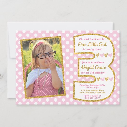 Invitation d'anniversaire rose et or 3e (Devant)
