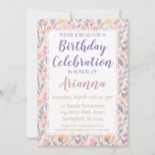 Invitation d'anniversaire rose et violet (Devant)