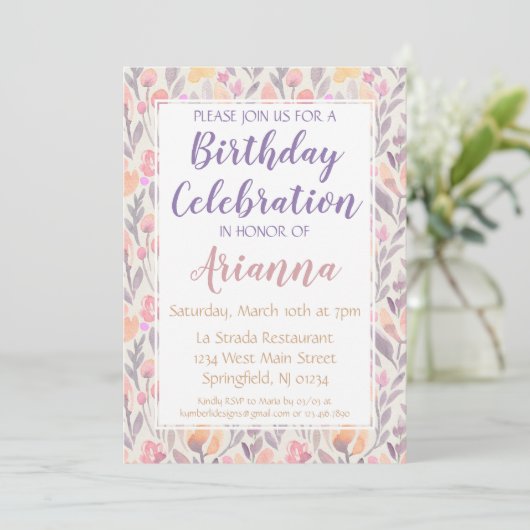 Invitation d'anniversaire rose et violet (Debout devant)