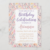 Invitation d'anniversaire rose et violet (Devant / Derrière)