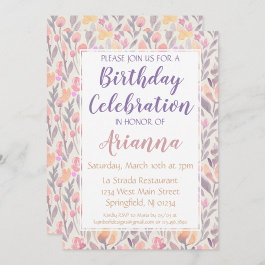 Invitation d'anniversaire rose et violet (Devant / Derrière)