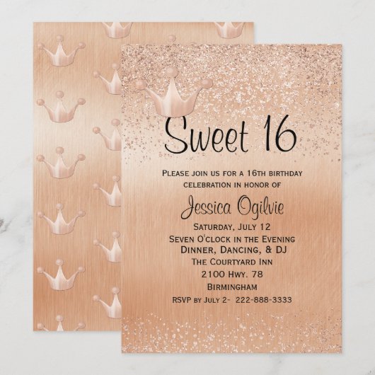 Invitation d'anniversaire Rose Gold Crown Gold Swe (Devant / Derrière)