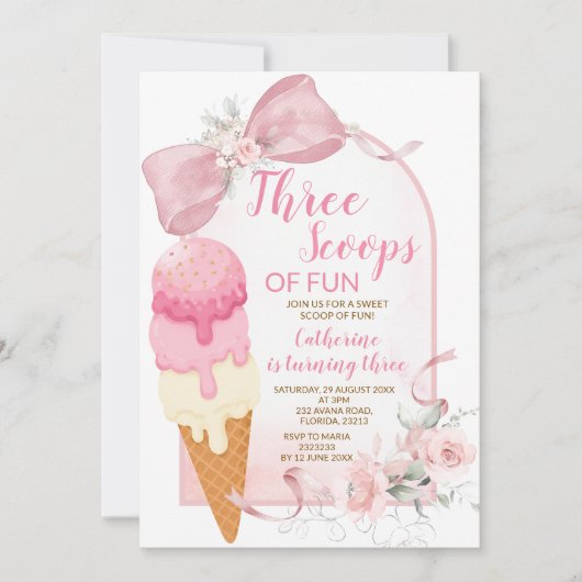 Invitation d'anniversaire Rose Ivory Trois Boules (Devant)