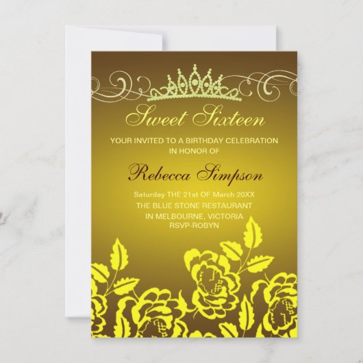 Invitation d'anniversaire Rose jaune & Tiara (Devant)