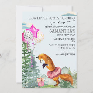 Invitation d'anniversaire rose Little Fox Watercol